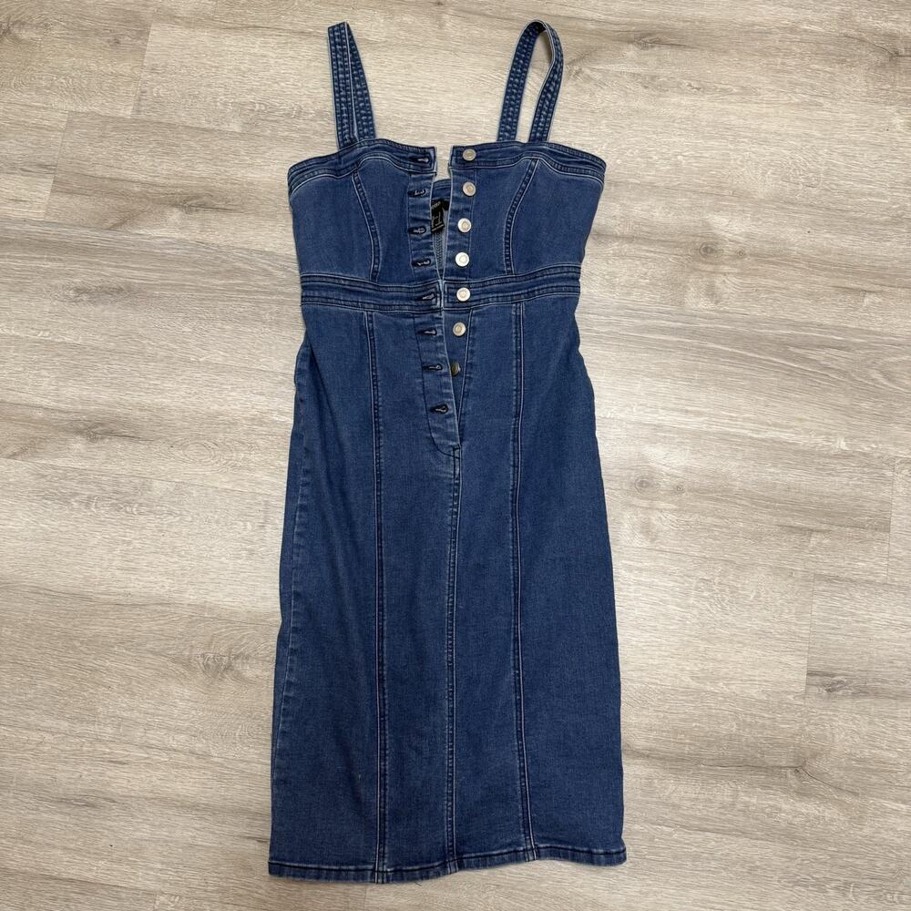 Forever 21 Denim Dress Womens Small Y2K Midi Button Front Pencil Sleeveless